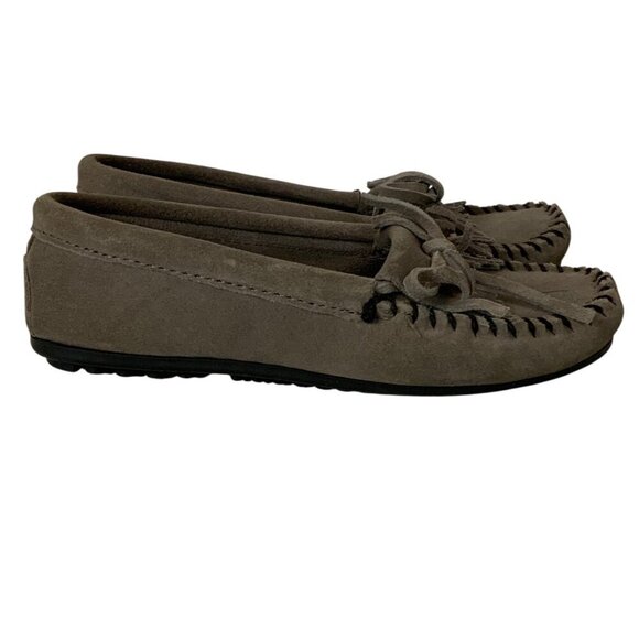 Minnetonka Womens Kilty Moccasins Size 6 Gray Suede Slip-On Softsole Shoes - Picture 4 of 9